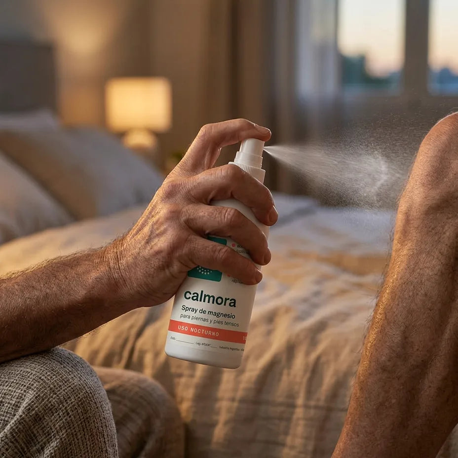 Hombre de 60 años rociando Calmora en su pierna