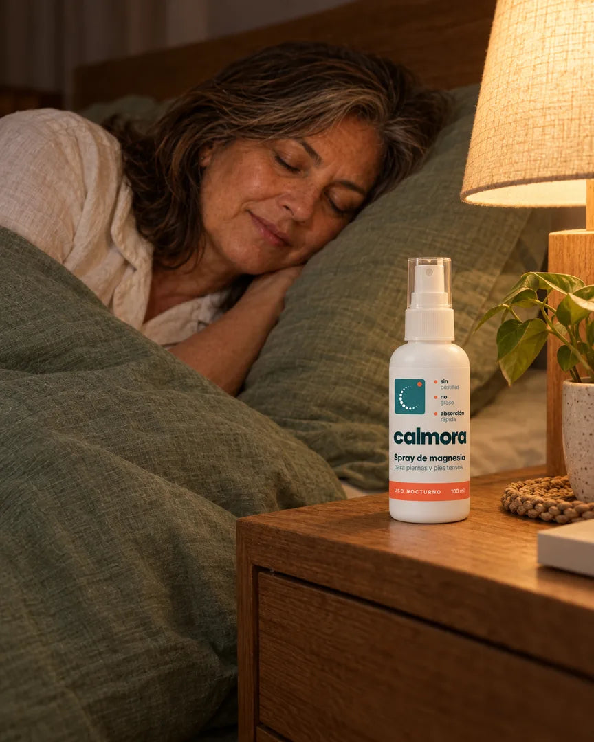 La misma mujer durmiendo tranquila, con Calmora en la mesa de luz