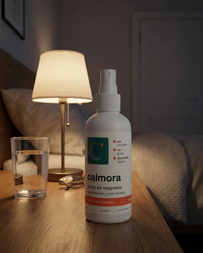 Mesa de luz con velador y el frasco de Calmora
