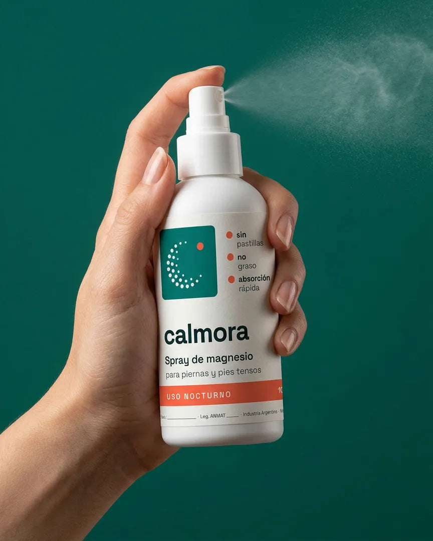 Mano rociando Calmora sobre fondo verde